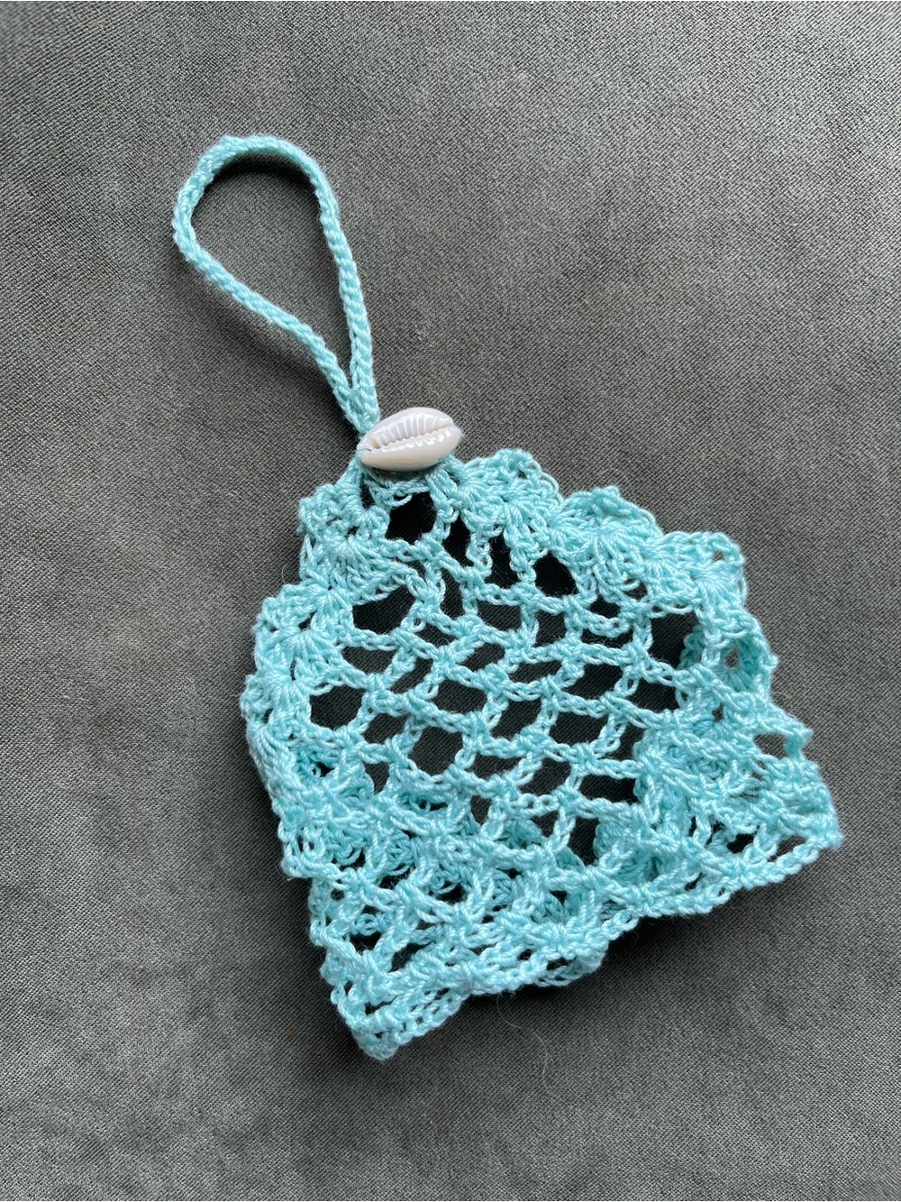 Handmade Crochet hand cuff with Shell Accent - Light Aqua
